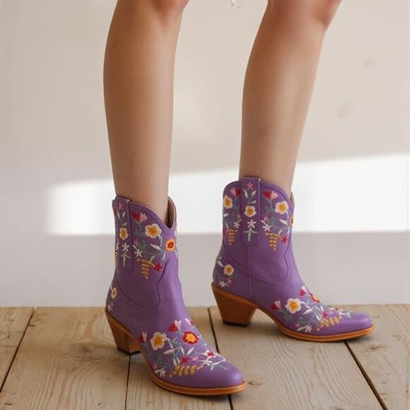 Cowgirl Boots Floral Snip Square Toe Western Cowboy Boots Chunky Heel Pull On - Picture 3 of 6